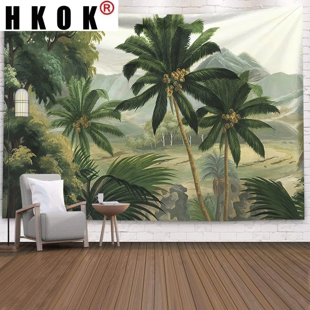 

HKOK Palm Tree Tapestry Art Wall Hanging Tropical Leaves Flowers Pattern Large Background Ceiling Wall Cloth Carpet Home Decor