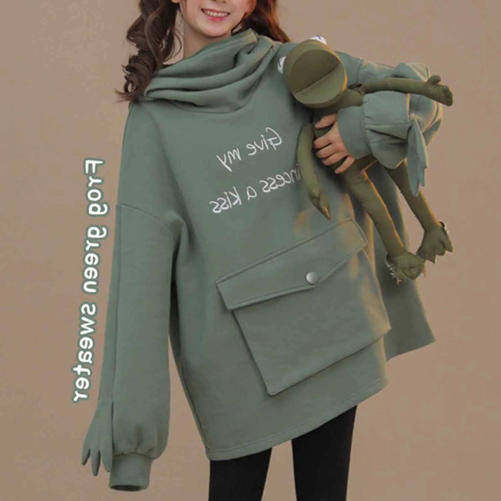 

New Cute Design Women's Stitching Three-dimensional Green Letter Pullover Sweatershirt Fashion Casual Autumn Warm Hoodie Tops