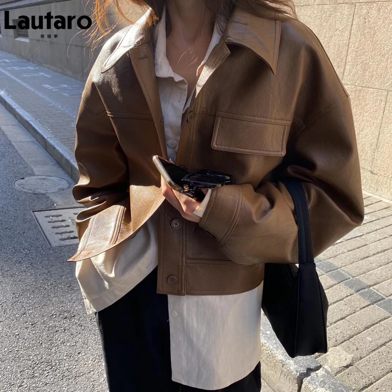 Lautaro Осенние короткие коричневые толстые оверсайз куртки из искусственной кожи