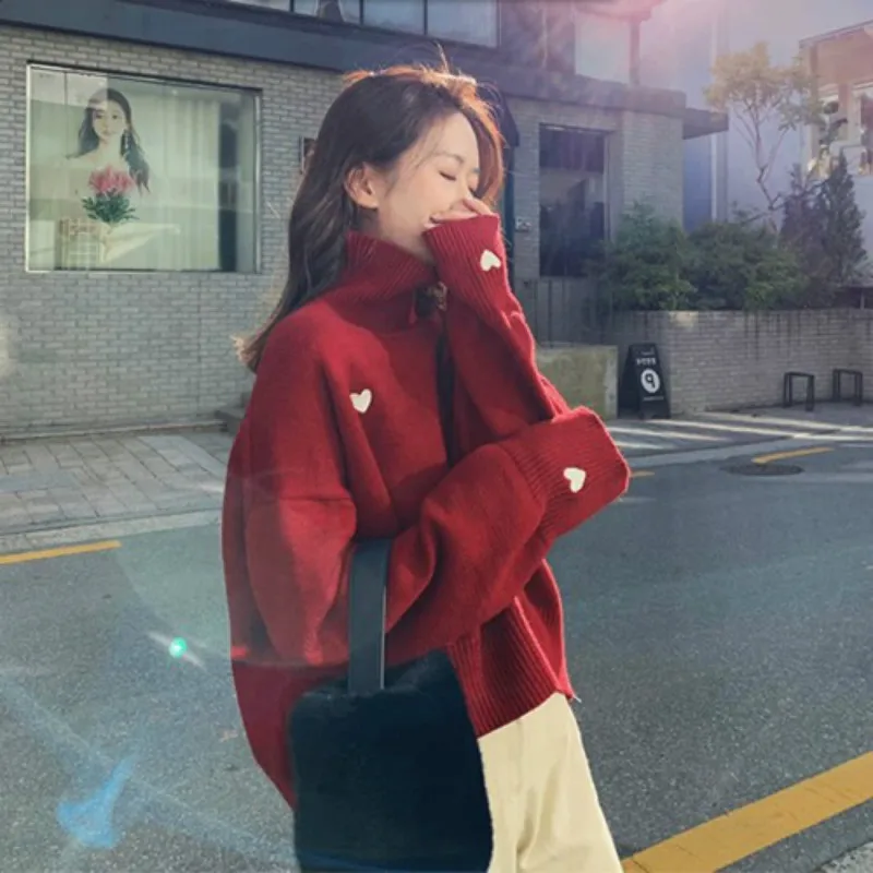 Turtleneck Sweater Women Printed Embroidery Simple Korean Style Harajuku Soft Warm Loose Students Streetwear Knitted Womens Chic | Женская