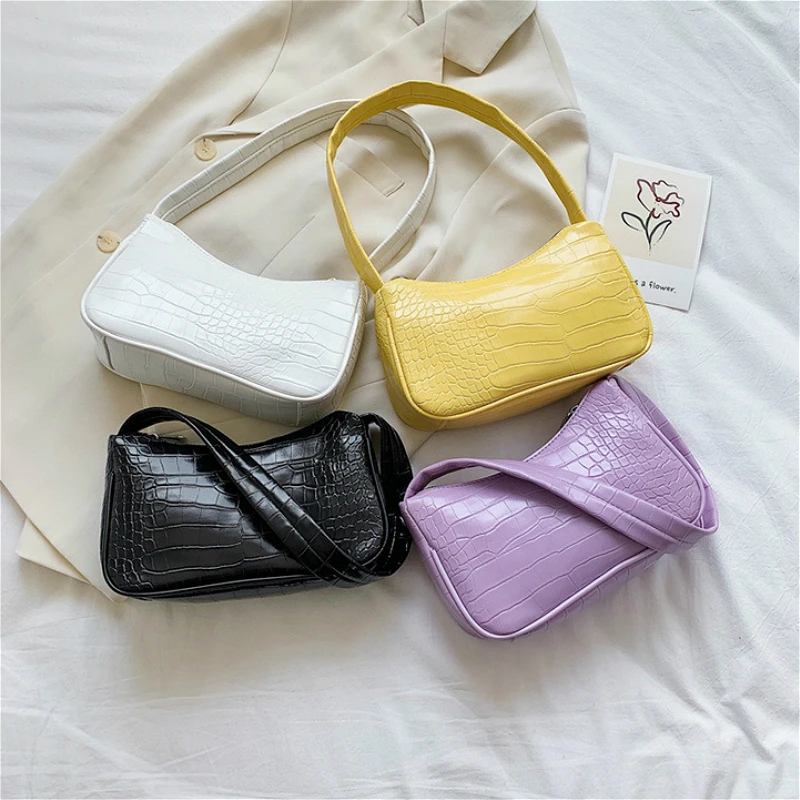 

Retro Soft PU Leather Ladies Small Shoulder Bags Fashion Crocodile Pattern Women Baguette Purse Handbags Girls Mini Armpit Bag