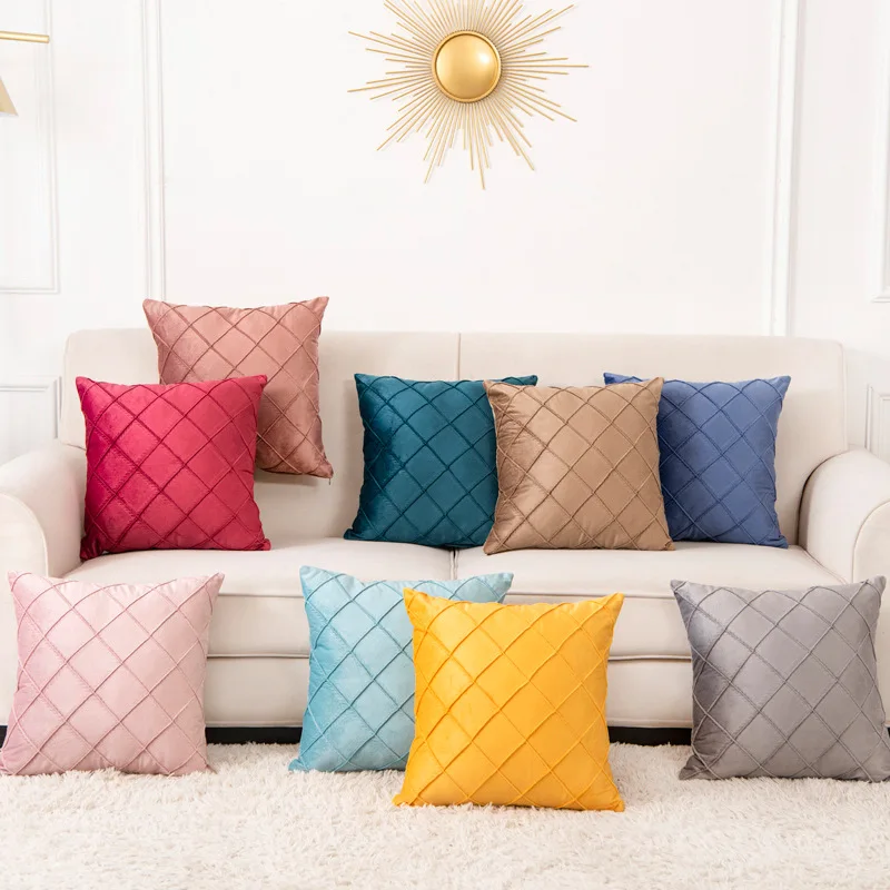 

Cozy Dutch Velvet Cushion Cover Lattice Embroidery Pillowcase Nordic Pure Color Geometry Sofa Couch Throw Pillow Cover