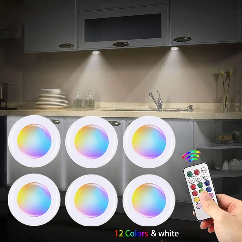 

LED Under Cabinet Light with Remote Control RGB Color Changing Puck Light for Kitchen Bedroom Closet