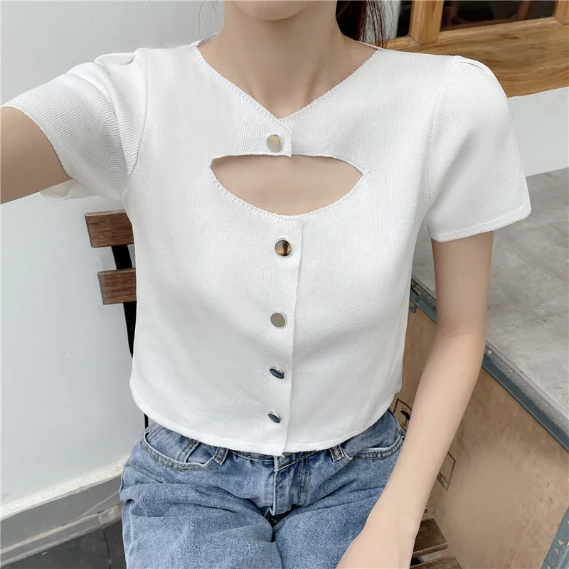 

Cost-Effective Summer Top New Design Sense Small Korean T Shirt Kintted Tshirt Harajuku Kawaii Clothes Young Fashion Sweatertee