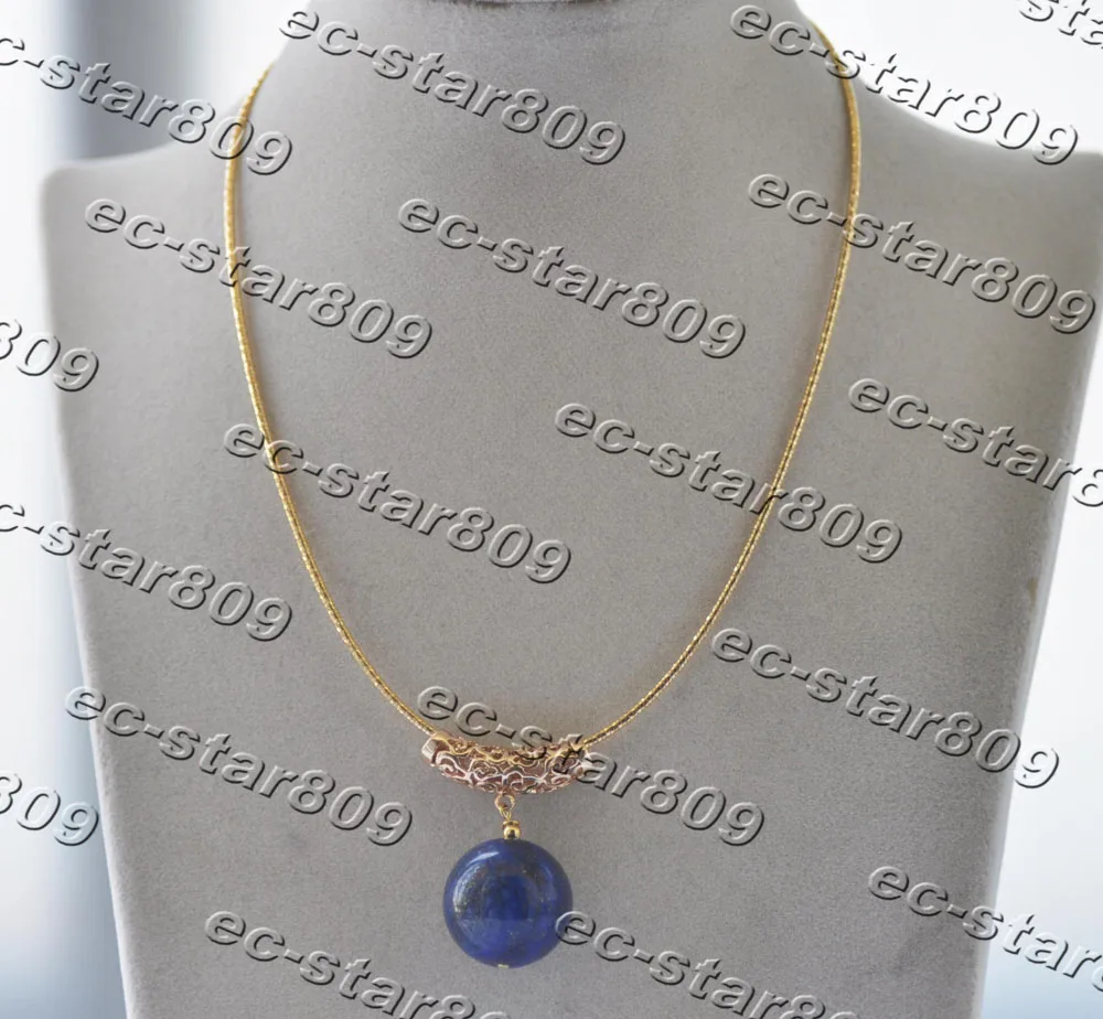 

Z11289 16" 20mm Round Blue Lapis Lazuli Bead Pendant Chain Women Fine Jewelry