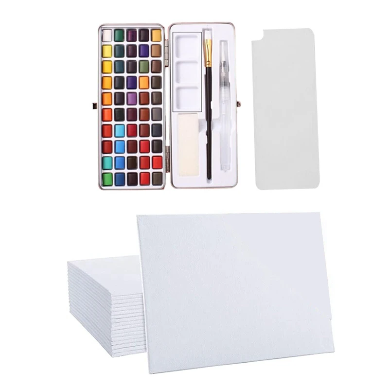 

1 Set 50-Color Solid Watercolor Paint Set for Painting Art Paint & 1 Set Canvas Panels - 8X10 Inch