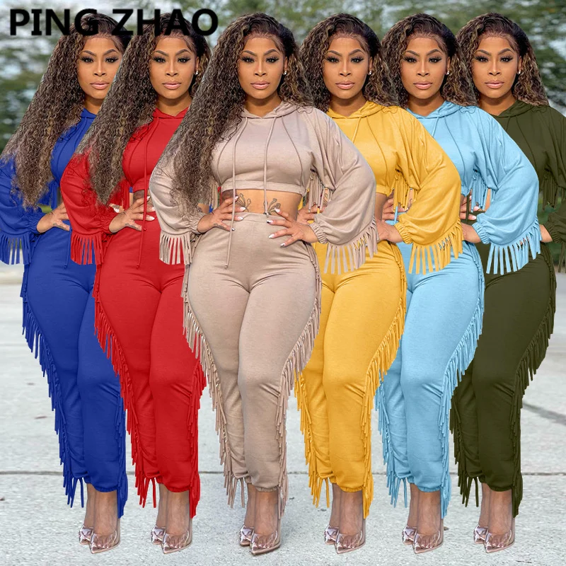 

PING ZHAO Tassel Side Women Set Mini Hooded Sweatshirt and Pants Suit Tracksuit Two Piece Set Fitness Outfits