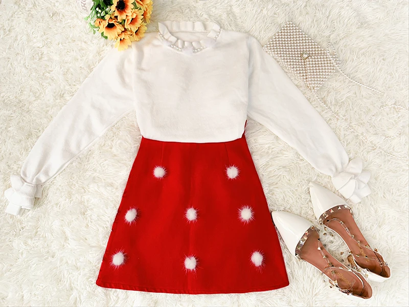 

Autumn Suit Women Sweet Pullover Sweater Knitting Woolen Cloth Skirt Two-Piece Outfit Knitwear Fashion Clothes Clothing Set