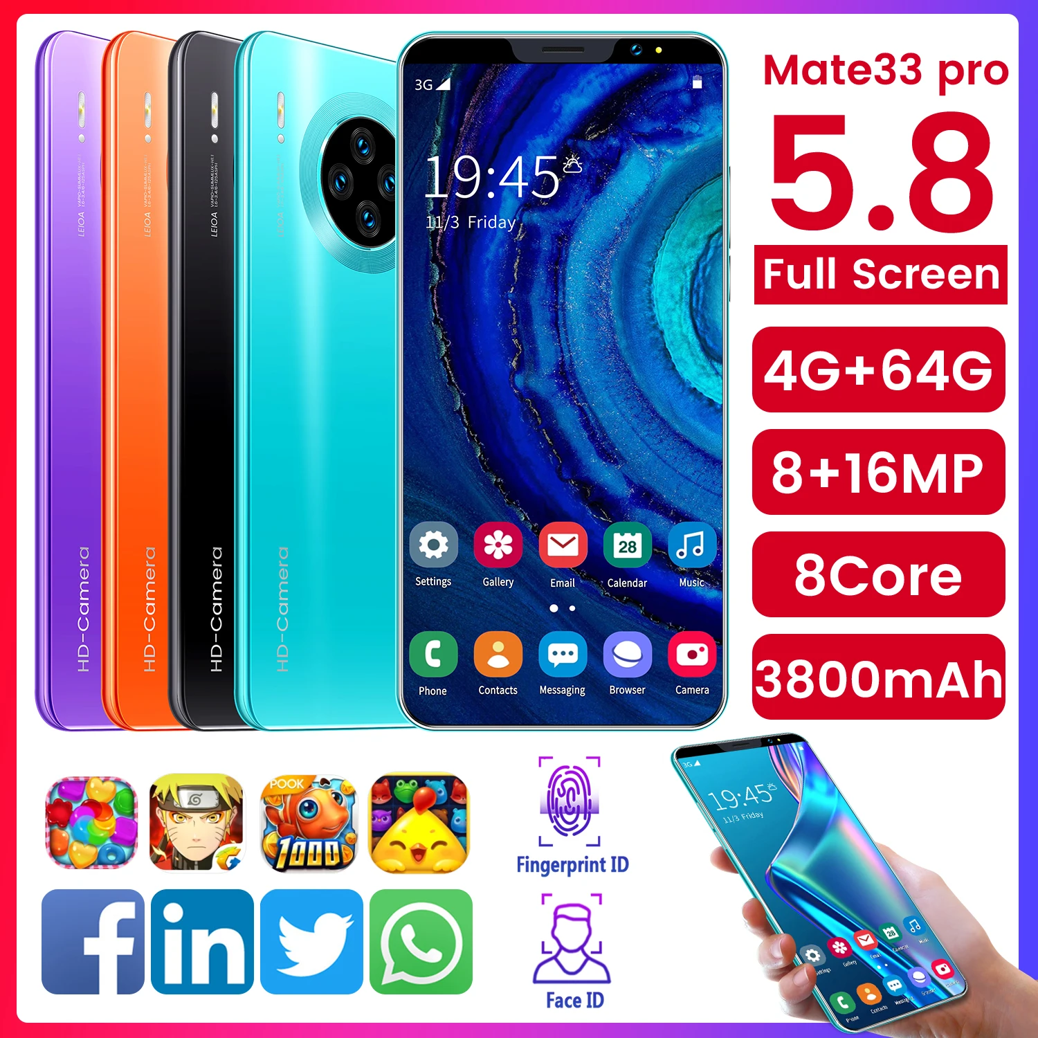 

MTK6889 Face ID Mate33pro+ Ultra 4GB 64GB 8+16MP 5g Cellphones Smartphones Android 10 6800mAh 8 Core Really Telephone