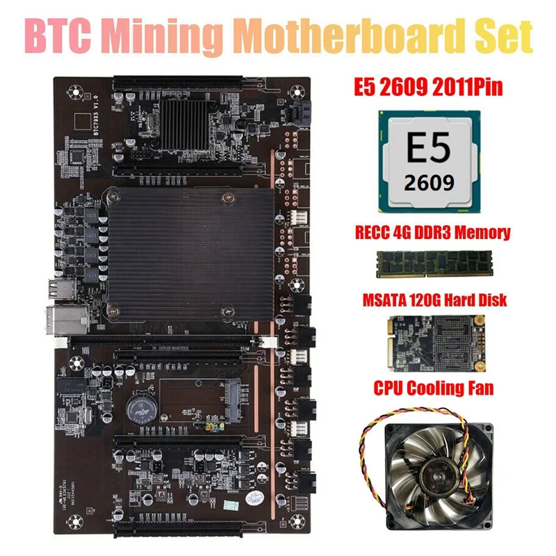 

X79 H61 BTC Mining Motherboard with E5 2609 CPU RECC 4GB DDR3 Memory 120G SSD+Fan 5X PCI-E Support 3060 3070 3080 GPU
