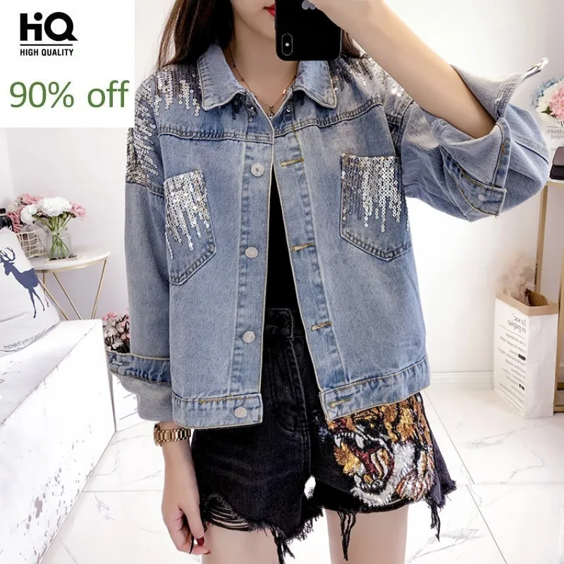 Джинсовое пальто для женщин уличная Осень кисточкой вышивка блестками
