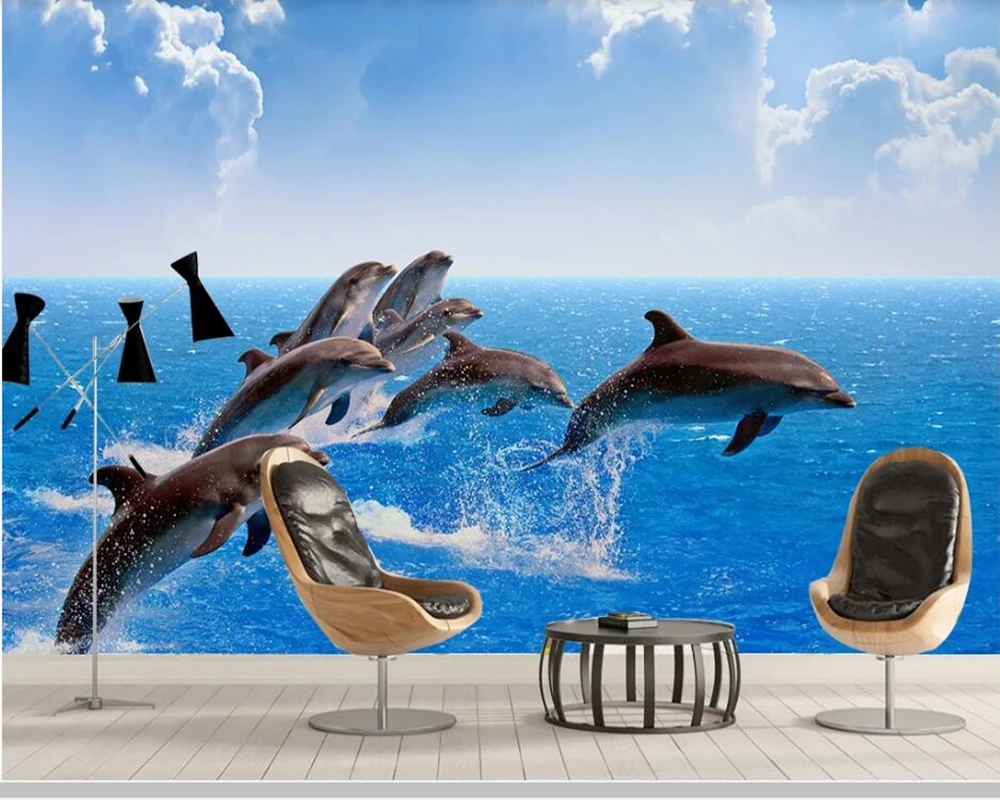 

Papel de pared Blue sea seascape dolphin expansion space 3d wallpaper,living room sofa TV wall bedroom wall papers home decor