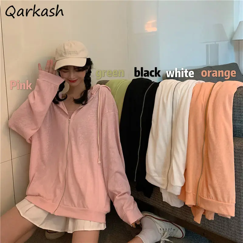 

Basic Jackets Women Solid with Hat Zipper Summer Sun-proof Simple College Daily 5 Colors Casual Soft Breathable Popular Ladies