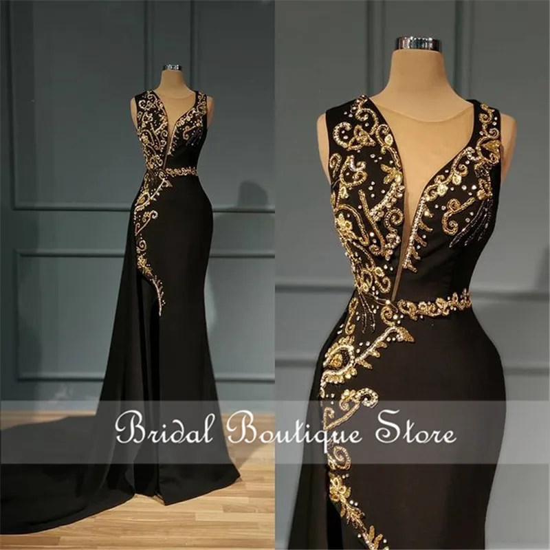 

Elegant Black Mermaid Evening Dresses Gold Beaded Prom Gowns Side Split Saudi Arabia Formal Dresses