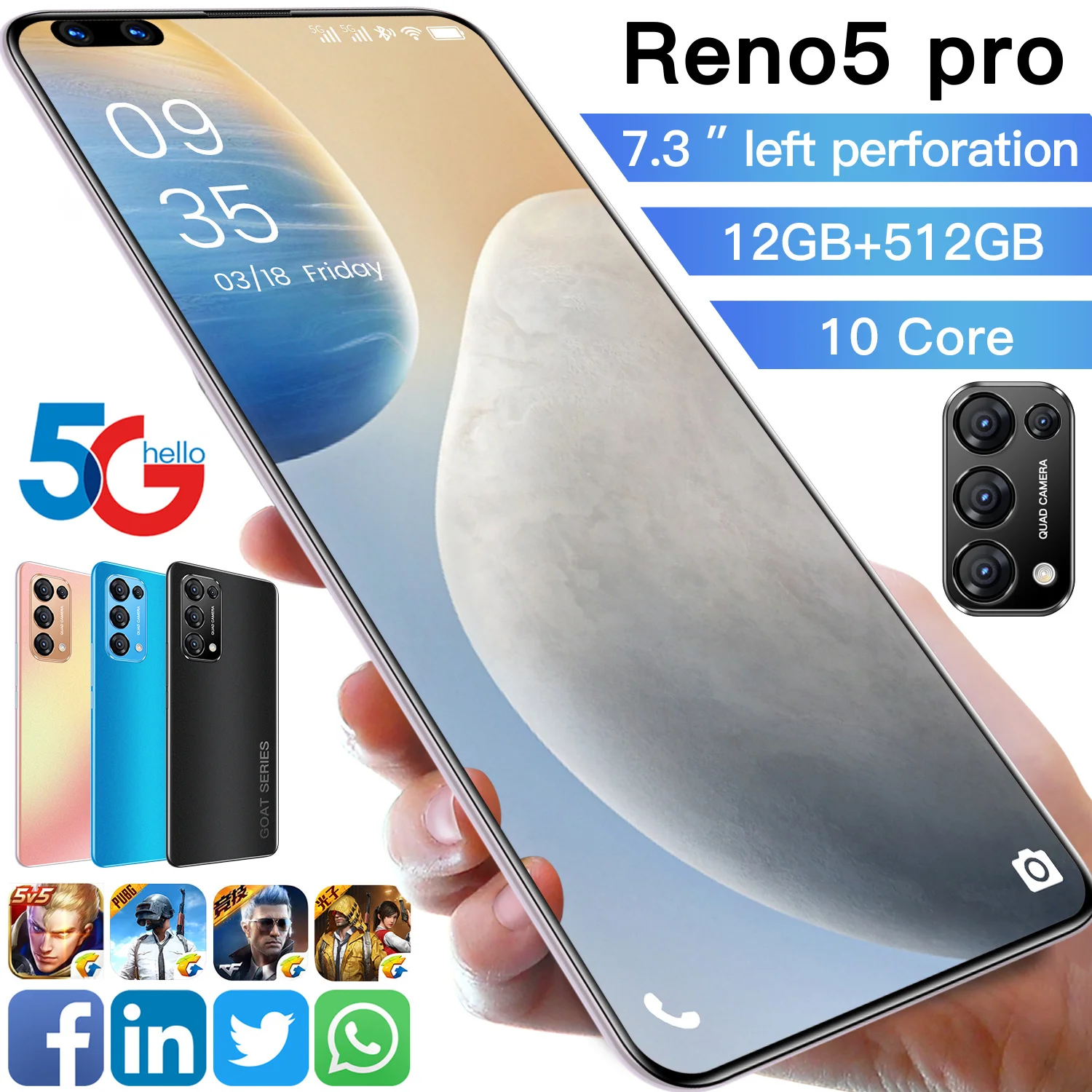 

New Galay Reno5 pro Smartphone 7.3 Display 5000mAh Battery 10 Core 12GB 512GB Mobile phone Global 5G LTE Telephone Face ID