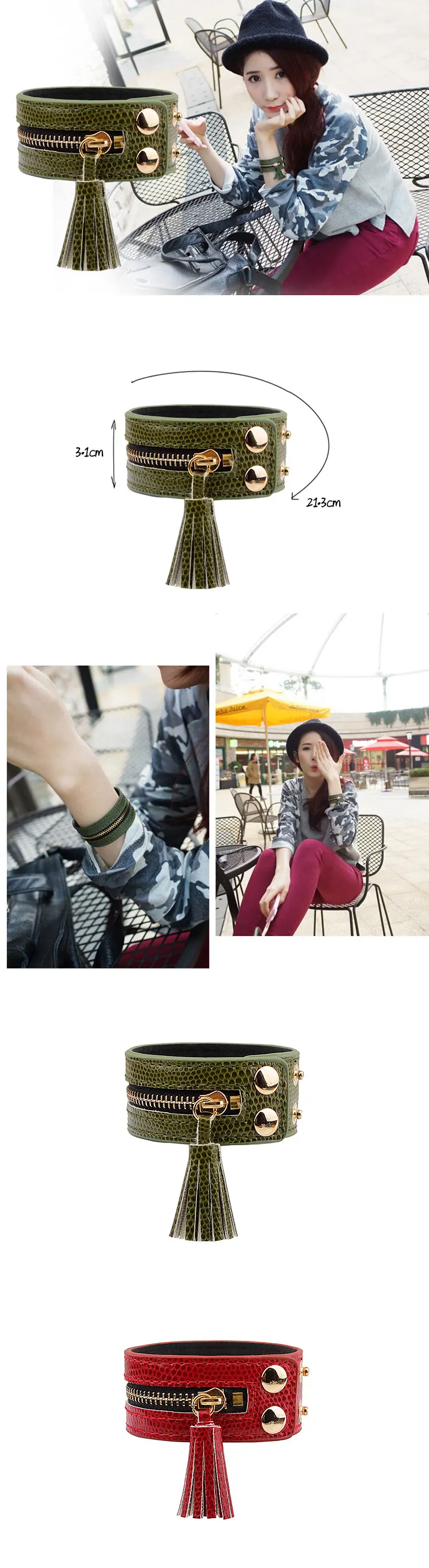 New Fashion Tasse Zipper Wide Leather Women Bracelet Trendy Adjustable Bracelets Bangles Woman Charm Jewelry Accessories