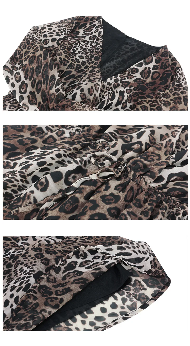 

Sexy Deep V Neck Leopard Print Mini Women Dress Autumn Long Sleeve Ruffles Dresses Vestdios