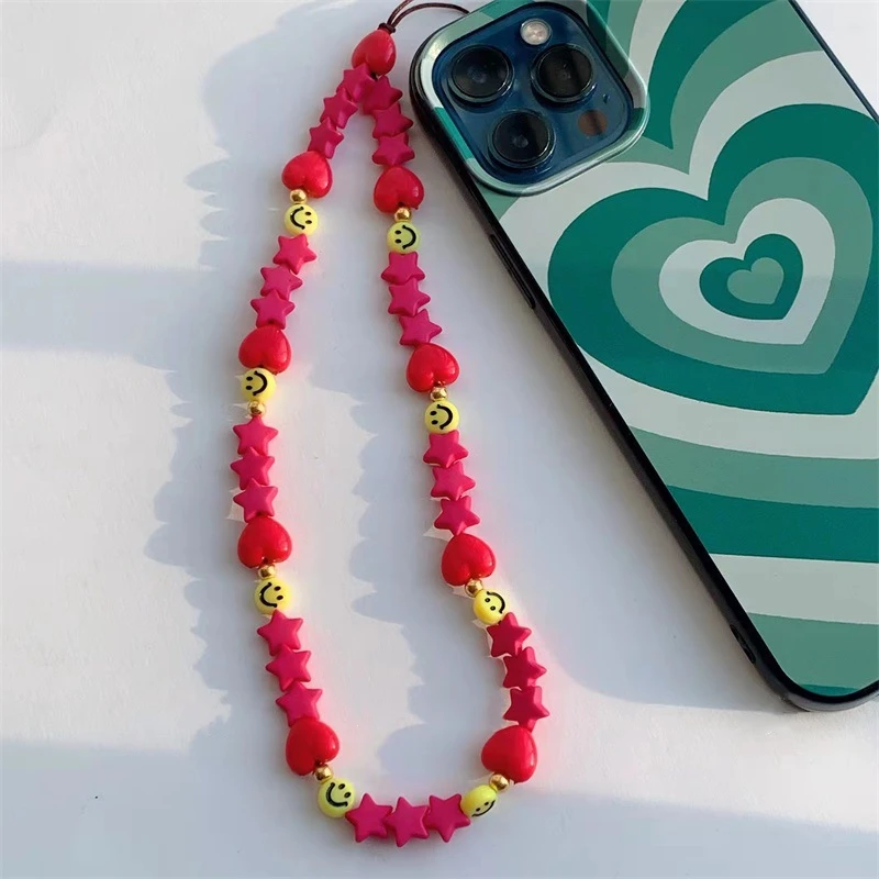 

Fashion Golden Round Beads Yellow Smiley Face Red Five-Pointed Star Love Heart-Shaped Women's Mobile Phone Lanyard Chain Jewelry