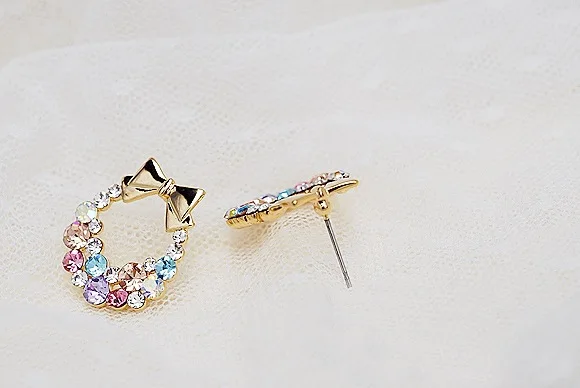 New Hot Fine Jewelry Gold Rhinestone Colorful Flowers Dazzling cz Bowknot Stud Earrings For Women 2 kinds gifts | Украшения и