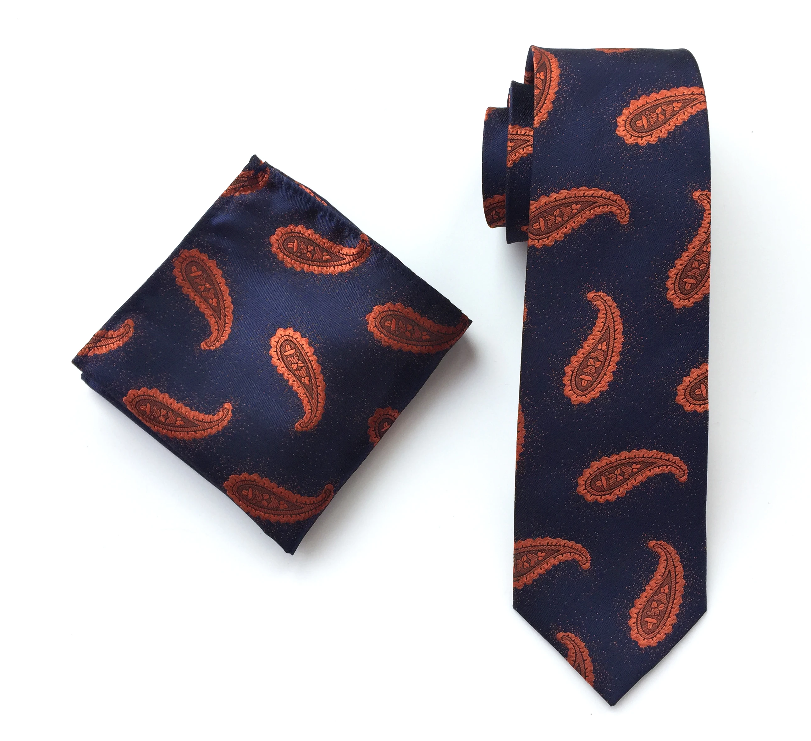 

Fashion Men's Necktie Set Navy Blue with Orange Paisley Pattern Cravat Sets