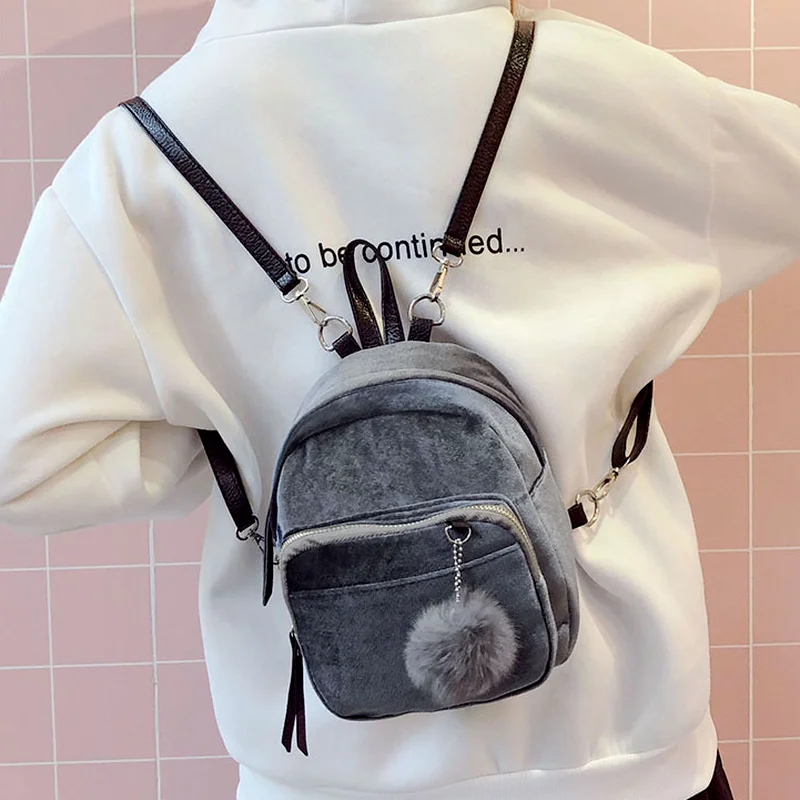 

2021 Luxury Velvet Women Backpack Brand Mini Backpack Fashion Little Shoulder Bag Girls Stylish Gray Bags with Pompom Rucksack