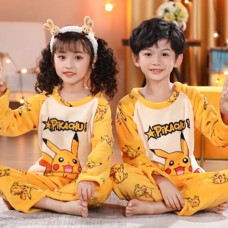 Детские пижамные комплекты Pikachu для осени одежда сна мальчиков зимняя теплая
