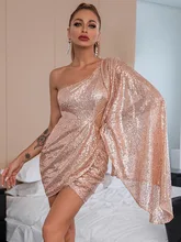 SRUBY Cut Out One Shoulder Sexy Dress Cloak Sleeve Sequin Bodycon Dress Backless Mini Party Club Dress Woman Christmas (3)
