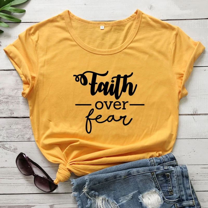 

Faith Over Fear Christian T-shirt Women Religious Church Tshirt Casual Unisex Short Sleeve Jesus Bible Quote Yellow Tops Tees