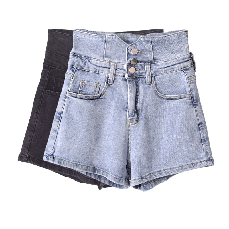 

Blue Denim Shorts Women Jeans Pocket High Waist Shorts Summer Casual Straight Leg Ladies Vintage Solid Cotton Jean Shorts Black