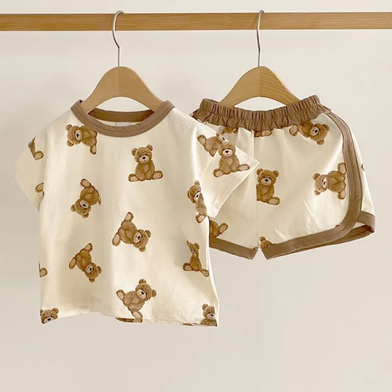 

Summer boys and girls loose bear Short Sleeve Top Pants two piece set