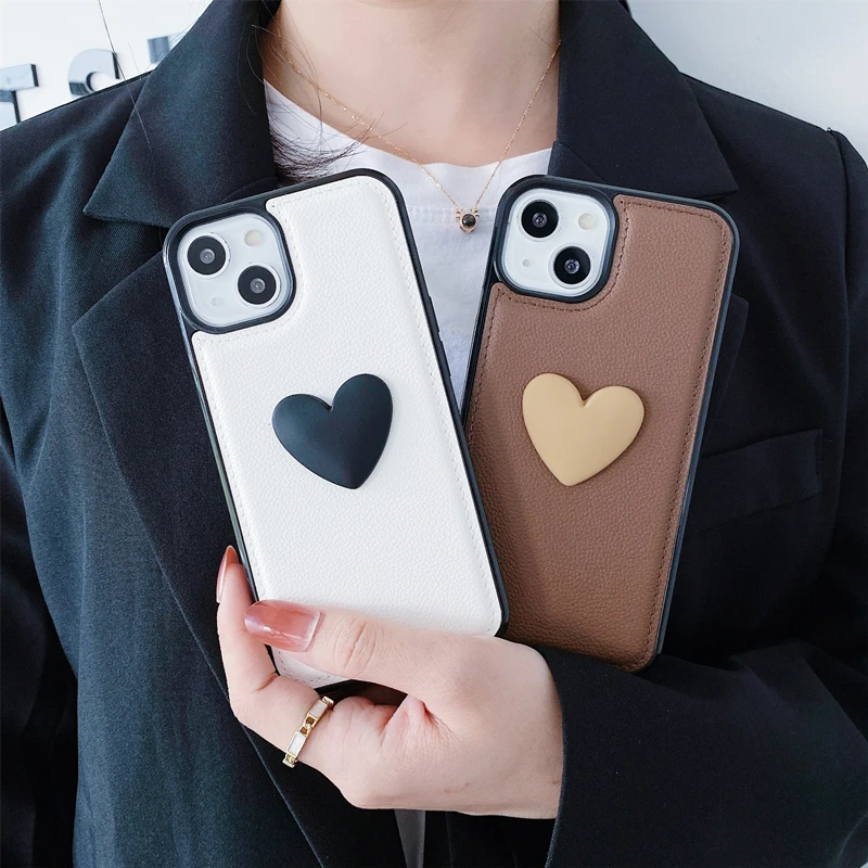 

Cute 3D Love Heart PU Leather Phone Case For iPhone 11 12 13 Pro Max XR X XS MAX 7 8 Plus Solid Color Leather Matte Soft Cover