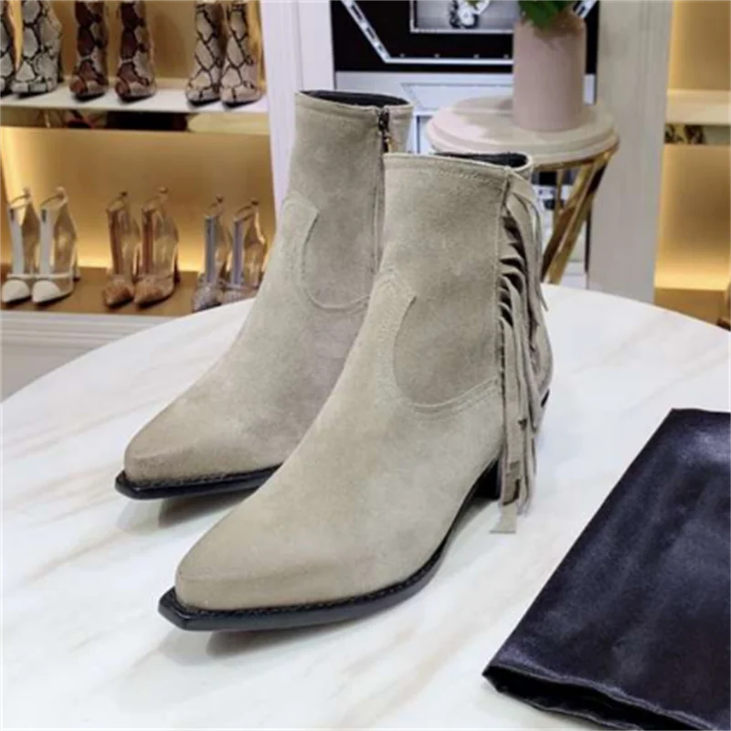 

Ботинки женские с бахромой, модные полусапожки Челси, заостренный носок, Ретро стиль, офисная обувь