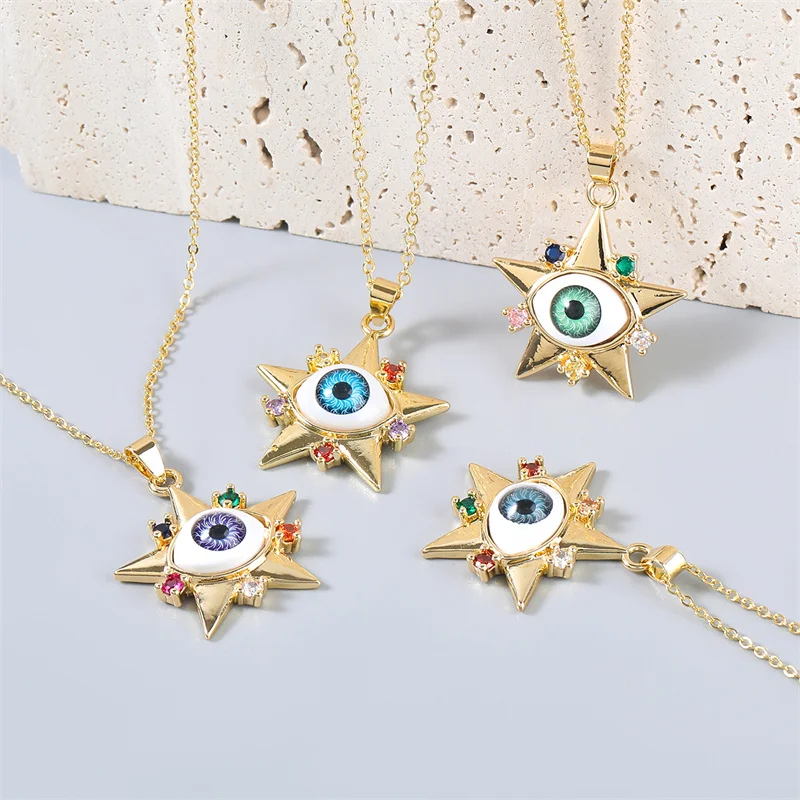 

Fashion Retro Exaggerated Necklace Micro Diamond Devil's Eye Star Pendant Jewelry Necklace Wholesale