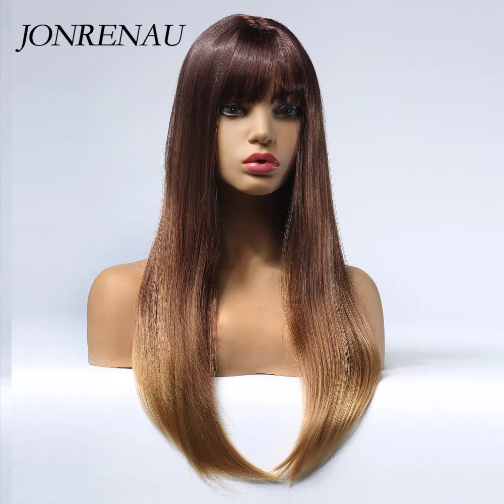 JONRENAU длинные шелковистые прямые парики с челкой синтетические Омбре коричневые