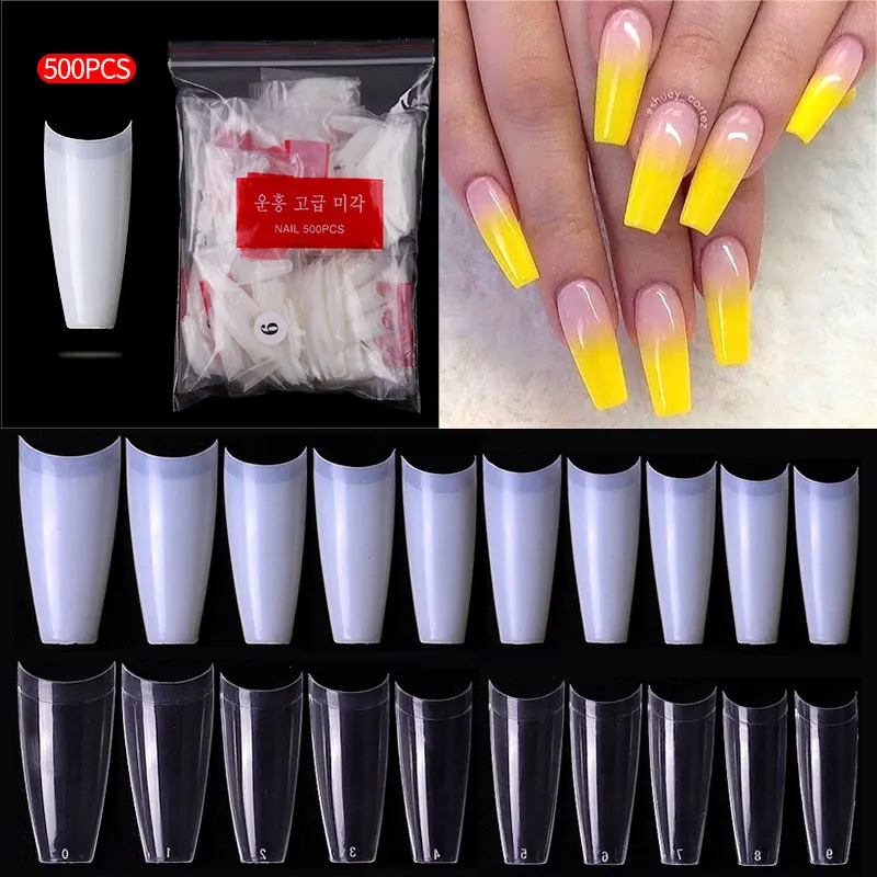 

500pcs Clear Natural False Acrylic Nail Tips Half Cover French Coffin Fake Nails Tips for Extension Fingernails UV Gel Manicure