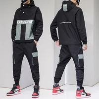 mens cargo pullover streetwear hooded tracksuit 2 pieces sets jackets and cargo pants loose fitness pants hip hop jacket