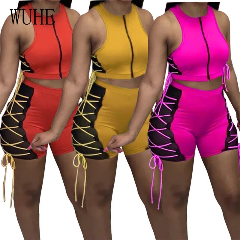 

YEYA Лоскутные бандажные наряды с открытыми плечами с круглым вырезом Топ и перекрестные кружевные короткие брюки джоггеры спортивные повсе...