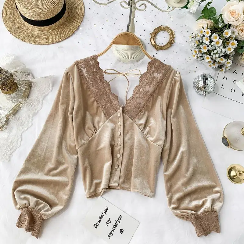 Новинка 2019 модная Женская Осенняя кружевная одежда с V-образным вырезом и пышными