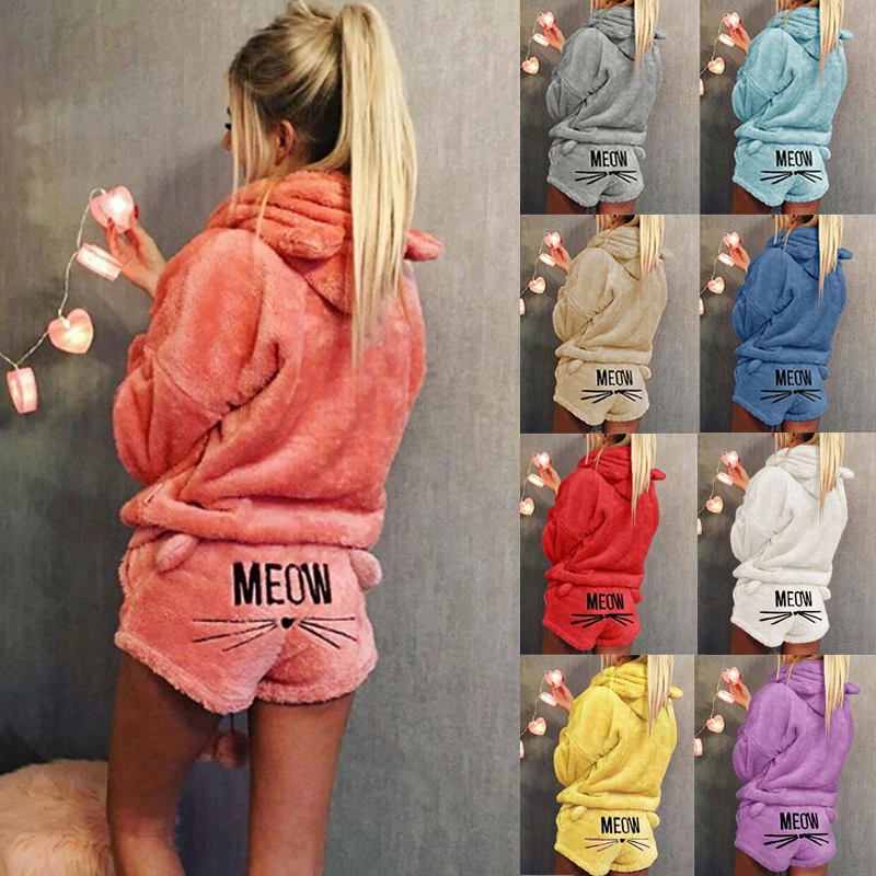 Женский бархатный костюм Meow комплект из двух предметов с капюшоном и шортами