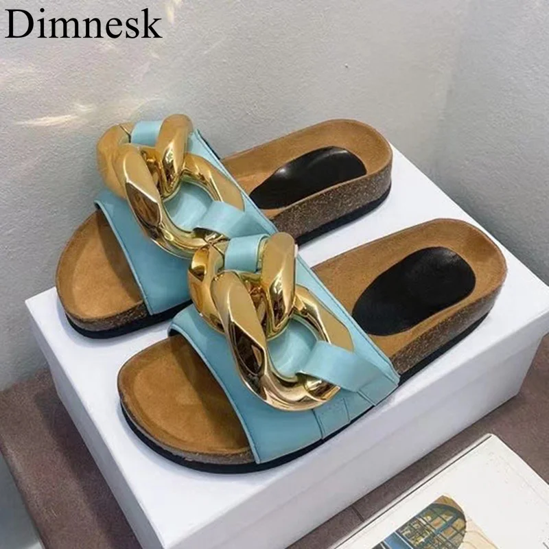 

New Gold Chain Flat Slippers Women Thick Sole Genuine Leather Leisure Sandals Summer Comfortable Outside Vacation Shoes Female