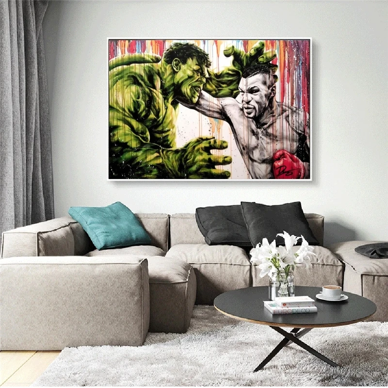 Художественные граффити Marvel супергерой боксеры против Халка Тайсон холст