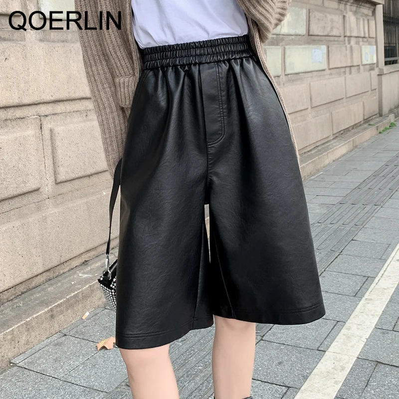 QoerliN S-3XL осень, экокожа (полиуретан), кожаные шорты Женская Повседневная Высокая талия широкие брюки для девочек с брюками; Верхняя одежда в Корейском стиле для девочек свободные прямые шорты - изображение