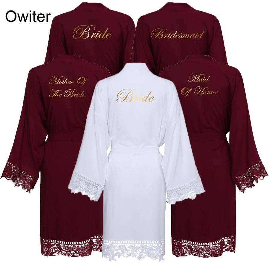 Owiter 2019 Burgundy Solid Cotton Kimono Bride Bridesmaid Robes w/ Lace Trim Women Wedding Bridal Bathrobe Sleepwear White Print