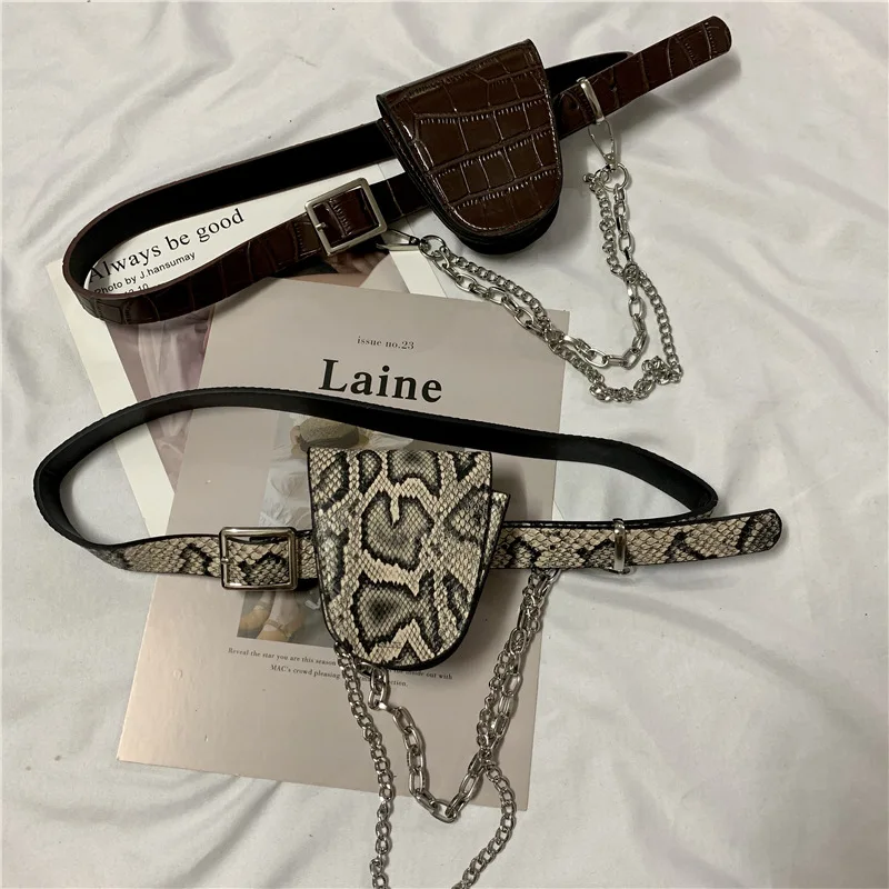 

Korean Belt Bag Funny Chain Messenger Bag Fashion Snakeskin Grain Mini Women Small Bag Personality Punk Female Bag Detachable