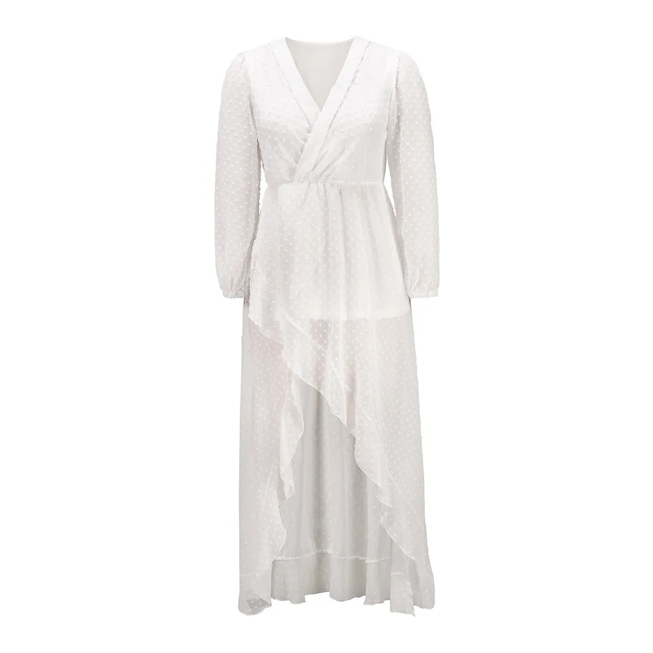 

Women Summer Autumn Lantern Sleeve Maxi Dress Dot Lace V-Neck Splice Ladies Asymmetrical Hem Elegant Party Lace Dresses