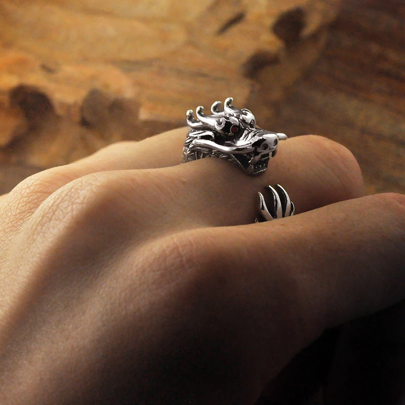 

Pure Silver Dragon Ring Sterling 925 Silver Retro Dragon Opening Adjustable S925 Ring Vintage Cool Fashion Jewelry For Men