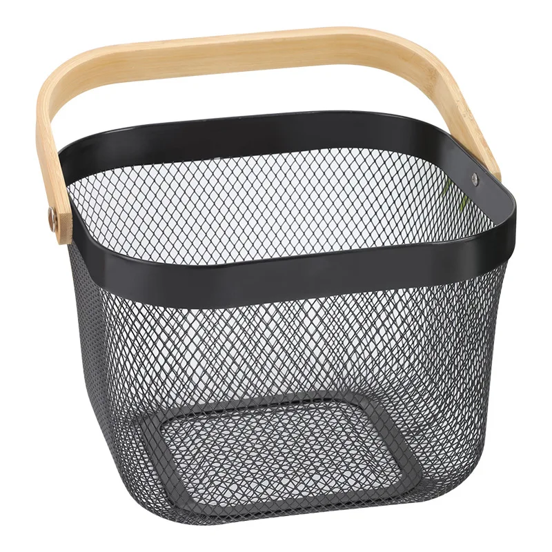 

Home Kitchen Bathroom Storage Basket Iron Basket Portable Storage Basket Wood Handle Fruit and Vegetable Basket