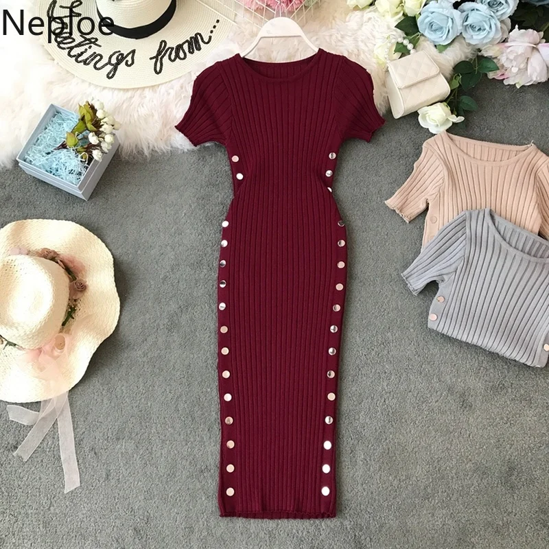 Трикотажное платье Neploe с коротким рукавом Женские однотонные платья круглым