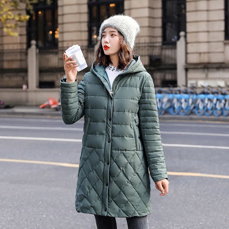 

New Solid Padded Jacket Woman Winter 2020 Mid-Length Zipper Single-Breasted Long Sleeve Hooded Korean Style Fashion Woman Coat