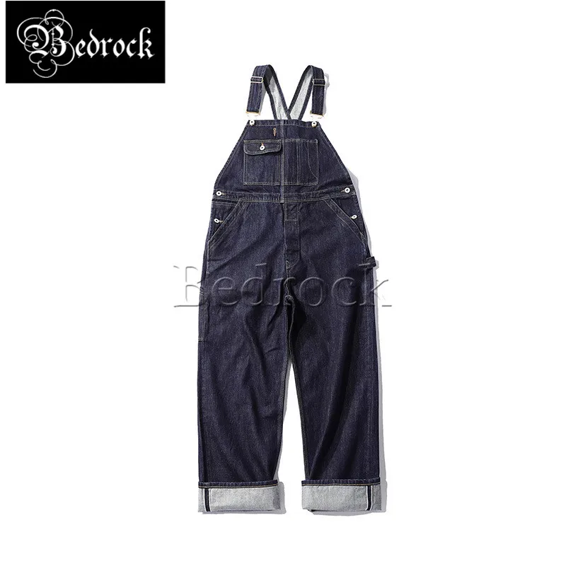 Bedrock 14oz high quality vintage denim overalls heavy raw denim jeans one washed blue Amekaji dungaree suspenders for men 7293